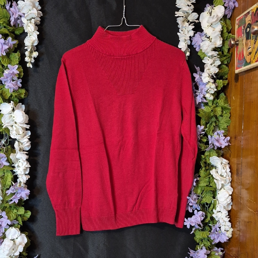 Westbound Red Mock Neck Sweater with Ribbed Yoke